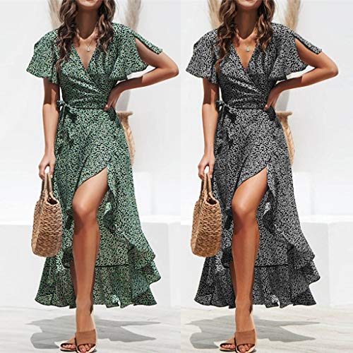 Women's Floral Maxi Dresses Boho Ruffle Split Beach Party Dress Flowy Front Slit High Low Summer Wedding Dress Green