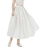 BEAUZSUZSANA 100% Cotton Women Skirt High Elastic Waist A-Line Vintage Puffy Pleated Skirt with 2 Pockets