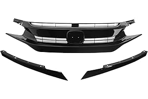 IKON MOTORSPORTS Front Upper Grille, Compatible with 2016-2018 Honda Civic, 2019-2021 Civic Hatchback SI Model, Factory Style Gloss Black ABS Front Bumper Hood Grill w/Eye Lid 3PCS Set