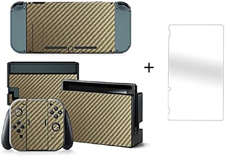 SIBIONO - Carbon Fiber Decals Stickers Full Set Faceplate Skins + Tempered Glass Screen Protector for Nintendo Switch Console &amp; Joy-con Controller &amp; Dock Protection Kit. (Gold)