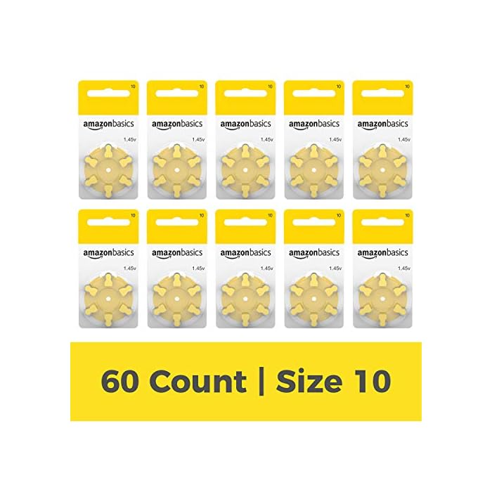 Amazon Basics 1.45 Volt Hearing Aid Batteries - Pack of 60, Size 10