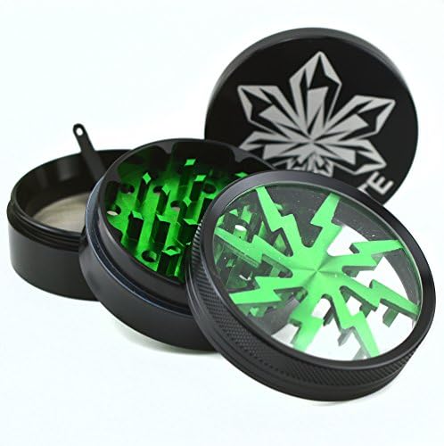 Kryptonite Grinders - Large Herb Tobacco Spice Weed Grinder - Four Piece Clear Top with Pollen Catcher – Lightning Grinder - Premium Grade Aluminum (2.5", Black) (Envy (Green))