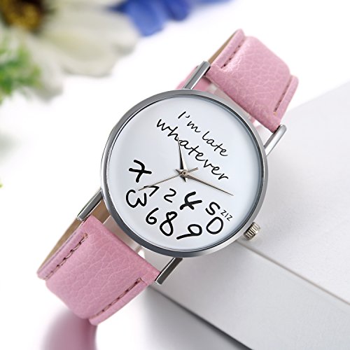JewelryWe Unisex Female Women Ladies Girls"I'm Late, Whatever" Love Gift Leather Strap Watches Quartz Wrist Watch