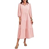 Wenrine Womens Casual 3/4 Sleeve Shirt Dress Button Down V Neck Tiered Collared Flowy Maxi Dress Pink