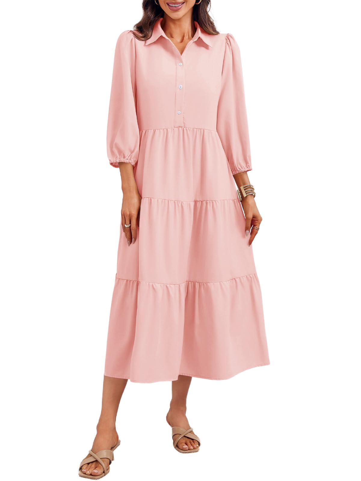 Wenrine Beige Button Down Collared Maxi Dress