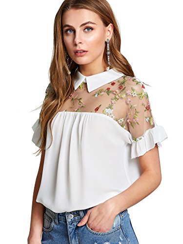 Shein women s cute embroidered sheer neck ruffle cuff c…