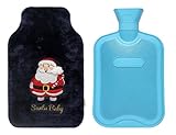2 Liters Classic Rubber Hot Water Bottle & Luxurious Cozy Faux Fur Cover Set (Dark Blue Santa / Blue Bottle)