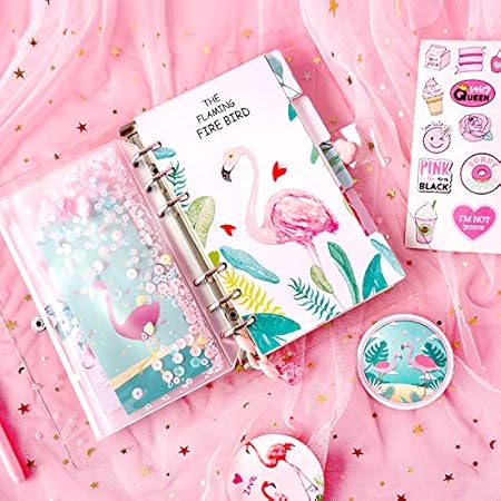 Amazon Ribenn A6 6穴 バインダーノート 手帳 透明なカバー リフィル 方眼と無地 90枚 フラミンゴ 可愛いバインダー手帳 ルーズリーフ スパンコール収納ポケット ローラーボール インデックス Diyシール チェーン飾りなど お得なセット手帳 ポケットサイズ 女性向け