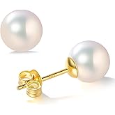 BAMIKI Akoya Cultured Pearl Stud Earrings for Women, Hypoallergenic 925 Sterling Silver 14K Gold Plated Classic Pearl Earrings, 5.5-8.5mm Round Pearls, Birthday Christmas for Mother Wife