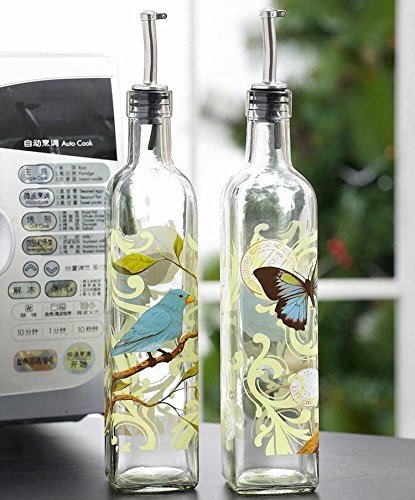CEDAR HOME Olive Oil Bottle Set Glass Dispenser Vinegar Cruet 17oz. with Stainless Steel Leak Proof Pourer Spout for Cooking or Salad