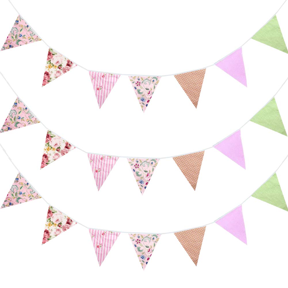 19.7 Ft Fabric Bunting Banner, Triangle Flag Banner Pennant Flag Floral Garland Vintage Cotton Flags Birthday Banner Reusable Bunting Flags with 21pcs Flags for Garden Outdoor Baby Shower Party