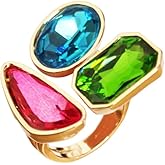 OIDIMS Fashion Tricolor Rhinestone Geometric Statement Rings for Women Adjustable Gold-Tone Plated Stacking Finger Rings Vintage Cubic Zircon Wedding Band Cocktail Party Boho Jewelry Accessories