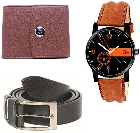 Xforia Accessories Combo Pack of Multicolor Belt, Analog Watch & Leather Purse for Men XF_WBW_315