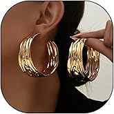 14K Gold Exaggerated Wide Hoop Earrings, Metal Hollow Circular Texture Dangle Drop Earrings, Simple Versatile Statement Jewelry Gift