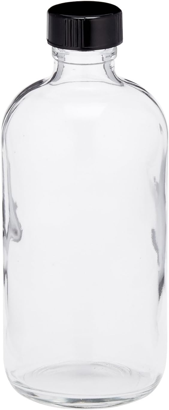 JG Finneran D0149-8 Clear Borosilicate Glass Standard Boston Round Bottle with Black Phenolic Closure, PE Cone Lined, 24-400mm Cap Size, 8oz Capacity (Pack of 12)