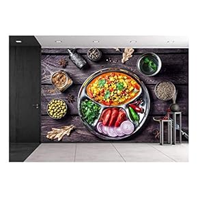 Indian Mutter Paneer Dish with Spices on The Wooden Background - Removable Wall Mural | Self-Adhesive Large Wallpaper - 66x96 inches