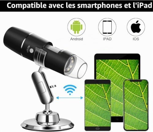 Microscope Numérique USB, 720P WiFi Endoscope Portable 50X-1000X avec Endoscope à 8 LED, Support en Métal pour Android iOS iPhone iPad