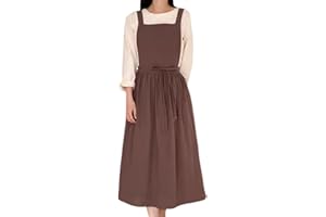 Japanese Cotton Linen Cross Back Apron for Women with Pockets, Pinafore Dress Smock Apron for WomenBrown,One Size