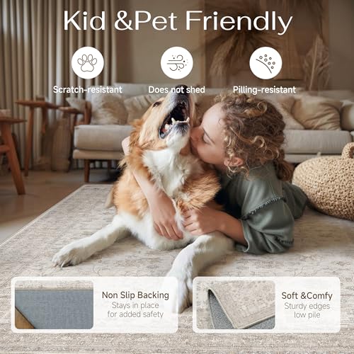 PureCozy 8x10 Beige Rug for Living Room Washable Vintage Bedroom Soft Rug | Indoor Rug,for Dining Room/Nursery/Office,Large,Non-Slip,Pets Friendly,Foldable,Tapis salon,0.24inchs Thick,100% polyester