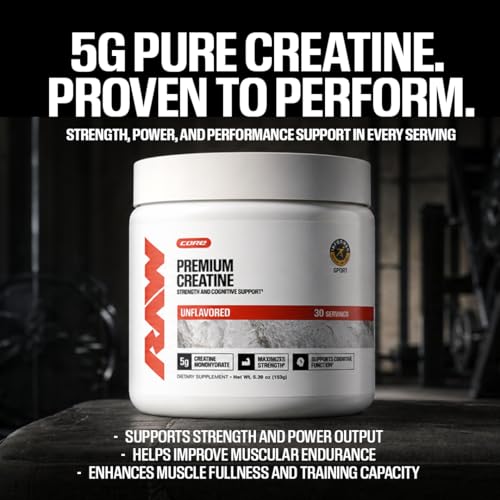 RAW Nutrition Creatine Monohydrate Powder, Unflavored (100 Servings) - Micronized Creatine Monohydrate Supplement for Workout Performance, Build Muscle & Strength - Creatine Powder for Men & Women