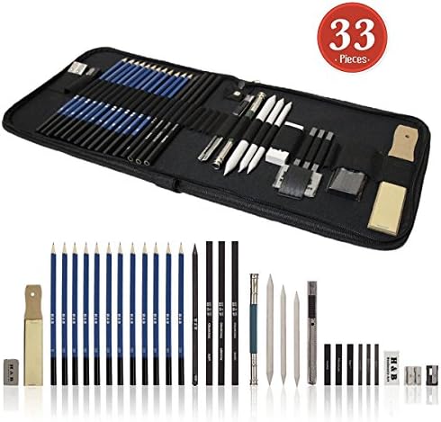 Tinpa 33 PCS Professional Sketch Kit, Sketching and Drawing Pencils Charcoal Art Set Includes Charcoals, Pastels and Zippered Carry Case for Beginners Artist