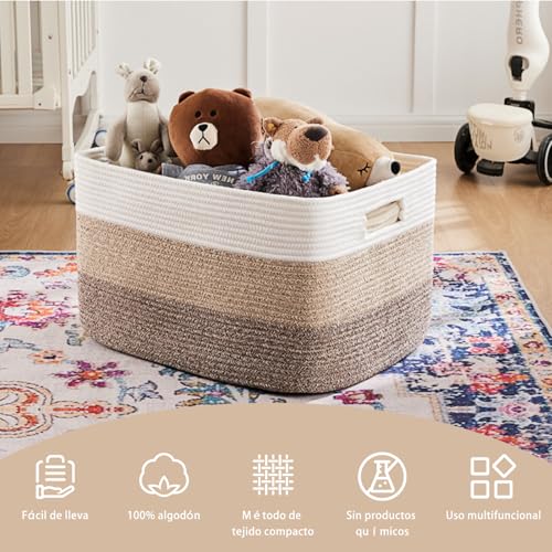 NUIO Canastas Organizadoras, Cesta de Manta Grande 55x43cm, Organizador de Pañales para Bebe, Cesta de Manta de Cuerda de Algodón para Sala de Estar, Lavandería, Guardería, Almohadas (khaki)