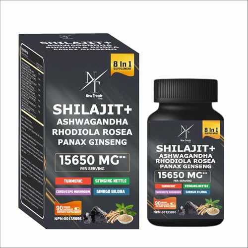 8-in-1 Shilajit Himalayan Organic Supplement with Shilajit 9000, Ashwagandha 2000MG, Rhodiola Rosea 1000MG, Panax Ginseng 1500MG, Cordyceps Mushroom 500MG, Gingko Biloba 500MG, Stinging Nettle 250MG, Turmeric (15,250 MG - 90 Caps)