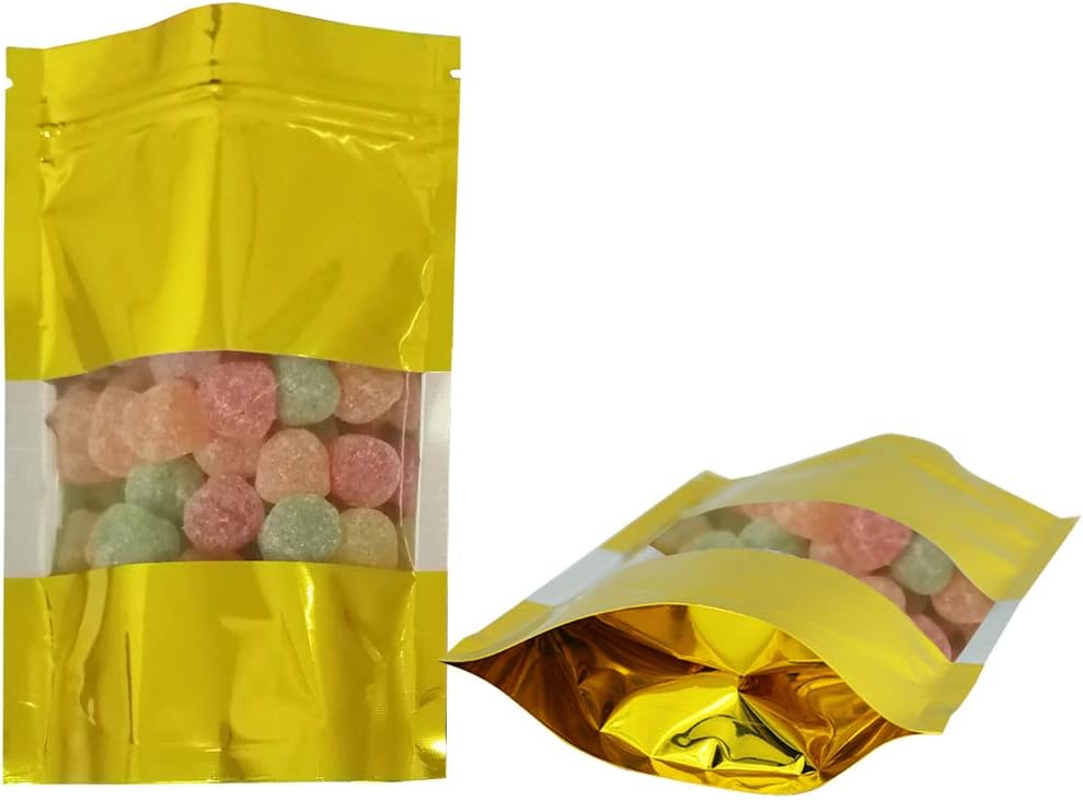 100 Pieces Smell Proof Bags - 4x6 Inches Mylar Bags Resealable Foil Pouch Bags Stand Up Ziplock Bag with Clear Window Bulk Food Storage Bag (Gold)