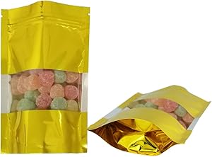 100 Pieces Smell Proof Bags - 4x6 Inches Mylar Bags Resealable Foil Pouch Bags Stand Up Ziplock Bag with Clear Window Bulk Food Storage Bag (Gold)