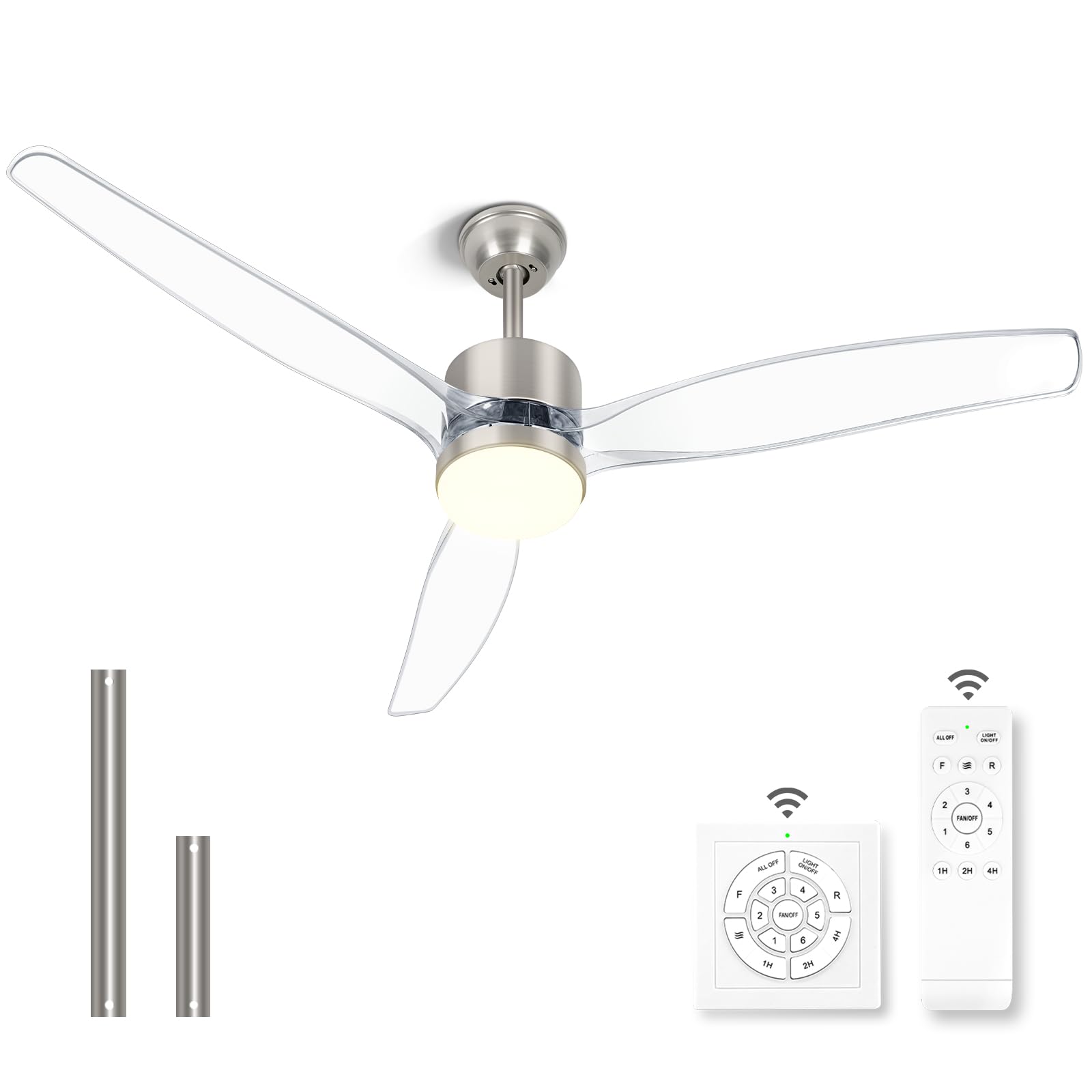 Photo 1 of OKELI 52 Inch Clear Ceiling Fan with Light, Brushed Nickel Transparent Ceiling Fans with Light and Remote 3 Reversible Blade LED Ceiling Fan and Light Combo for Living Room, Bedroom, Patio