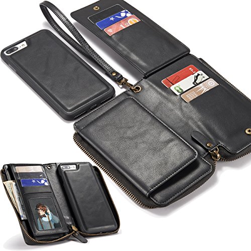 LefRight Romvable Wallet Case for iPhone 7 Plus(5.5 inch), Vintage Leather Magnetic Flip 12 Credit Card Holder Zipper Handbag Wrist Strap