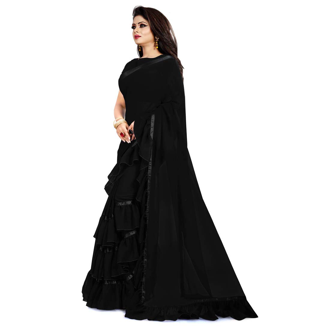 bigben textile georgette solid ruffle saree with blouse piece