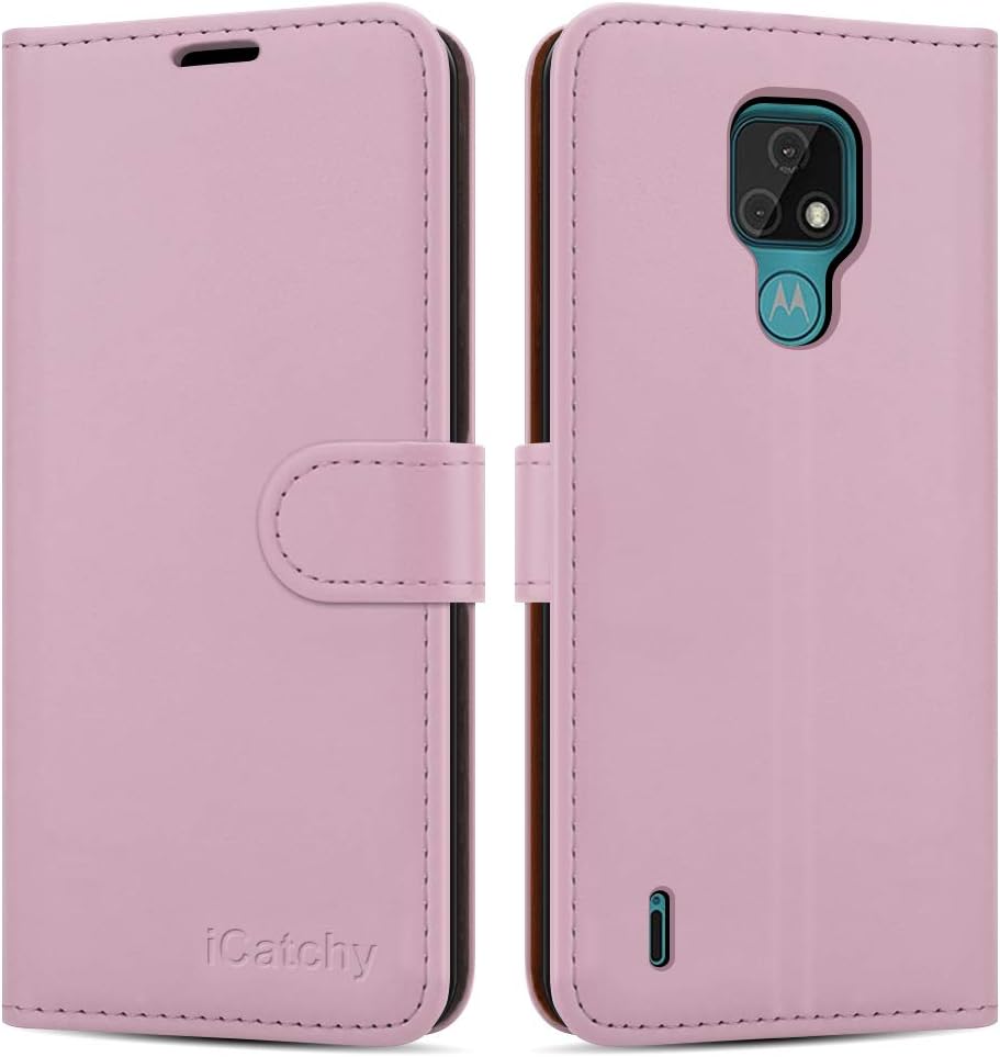 iCatchy For Motorola Moto E7 (2020) Case Leather Wallet Book Flip Folio Stand View Cover with Card Slots Compatible with Motorola Moto E7 (6.5'') Phone Cover (Rose Gold)