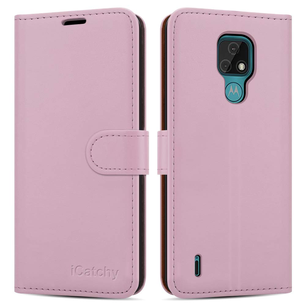 iCatchy For Motorola Moto E7 (2020) Case Leather Wallet Book Flip Folio Stand View Cover with Card Slots Compatible with Motorola Moto E7 (6.5'') Phone Cover (Rose Gold)