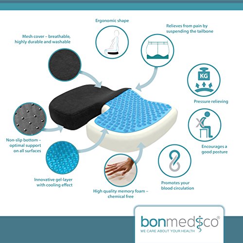 Cuscino Ortopedico In Gel Per Coxis - Antidecubito Per Sedia Ufficio E Auto - Sciatica E Coccige (Fodera Lavabile)