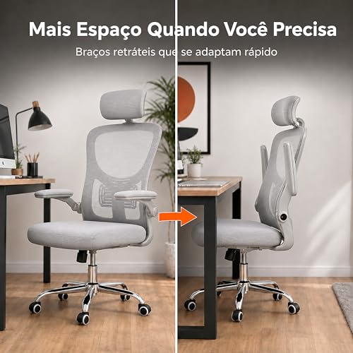 Laruno Cadeira de Escritório Ergonômica Premium NR17 Cinza Giratória Reclinável 145 Graus com Suporte Lombar Encosto Mesh Respirável Cadeira Gamer com Regulagem de Altura e Rodinhas Suporta até 120kg