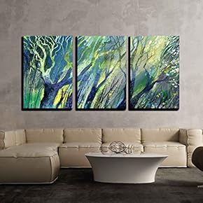 3 Piece Canvas Wall Art - Background Drawing of Wood in Green Tones - Modern Home Art Stretched and Framed Ready to Hang - 16"x24"x3 Panels