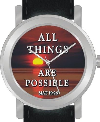 "All Things Are Possible" From Matthew 19:26 Is the Inspirational Image on the Dial of the Unisex Size Brushed Chrome Round Case with Black Leather Strap
