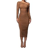 Rizorca Sexy Bodycon Maxi Dress for Women Sheer Long Sleeve Off The Shoulder Party Club Ruched Mesh Dresses