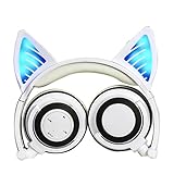 Cat Ear Headphones, DICEKOO Wireless Bluetooth Headset Flashing Glowing Cosplay Fancy LED Light USB Charger Earphone for iPhone 7/6s/iPad/Fire 7,Android Phone, Macbook (White)
