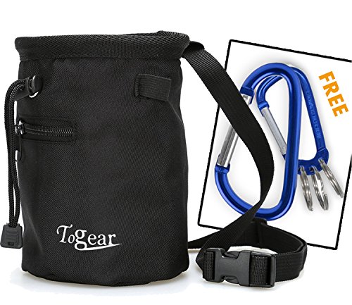 Togear Chalk Bag for Rock Climbing, Weightlifting, Bouldering & Gymnastics Workout Accessories, Quick-clip Belt with Two Aluminium Carabiner Key Chain Clip Hooks (Black-1)