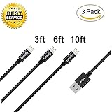 ToughLine Lightning Cable[3Pack: 3+6+10FT Assorted Length] Nylon Braided Charging Cable USB to lightning for Apple iPhone X/8/8Plus/7/7 Plus/6/6s/6 Plus/6s Plus/5/5c/5s/SE,iPad, iPod& More (Jet Black)