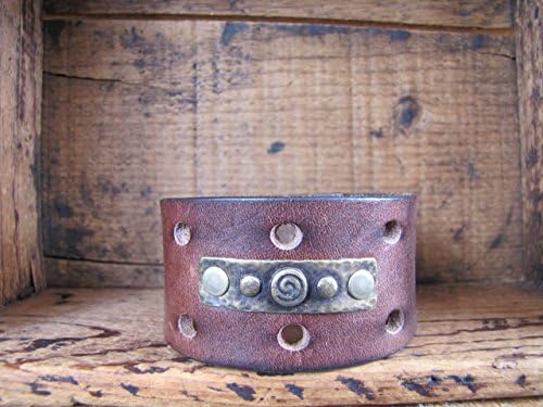 Upcycled Brown Leather Cuff Bracelet Riveted with Spiral Medallion