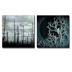Silhouette of Trees on a Cloudy Day Along with Silhouette of a Tree with a Crow Under The Moonlight Over Wooden Panels - Canvas Art Home Art - 12x12 inches