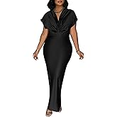 Ptorlio Womens Elegant Maxi Dresses Plus Size Bodycon Short Sleeve V Neck Formal Slit Evening Long Dress