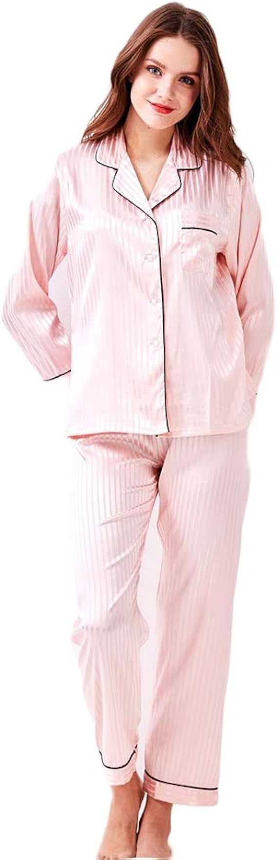 Amazon クラシックサテンパジャマセット エレガントな女性 寝間着 長袖 シルキーナイトウェア 部屋着 クリスマスプレゼント Pink L パジャマ ルームウェアセット 通販