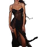 Spaghetti Strap Mesh Sheer Dress for Women Sexy See Through V Neck Maxi Dresses