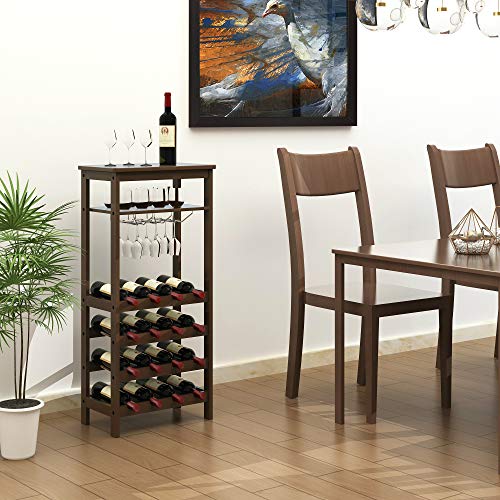 URFORESTIC Bamboo Wine Rack Free Standing Wine Holder Display Shelves with Glass Holder Rack, 16 Bottles Stackable Capacity for Home Kitchen (Retro...) - Thumbnail 2