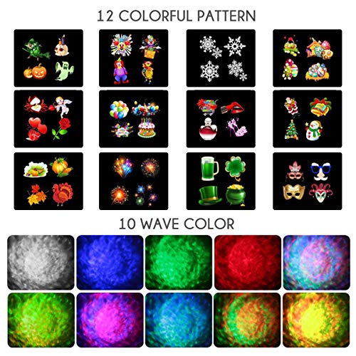 Ocean Wave Christmas Projector Lights, KOOT 2 in 1 Outdoor Waterproof Decoration Light with 12 Switchable Slides Pattern 10 Water Ripple Effect, Landscape Lights for Xmas Halloween Holiday Birthday