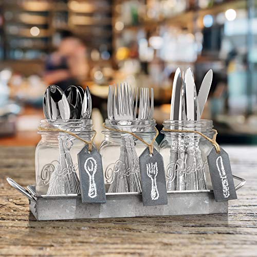 Flatware Caddy Organizer Cutlery Holder - 3 Glass Mason Jars in Galvanized Tray with Handles & Chalk-Tags | Utensil Farmhouse Silverware Caddy For Table | Ideal For Kitchen Countertop, Party, Dining,